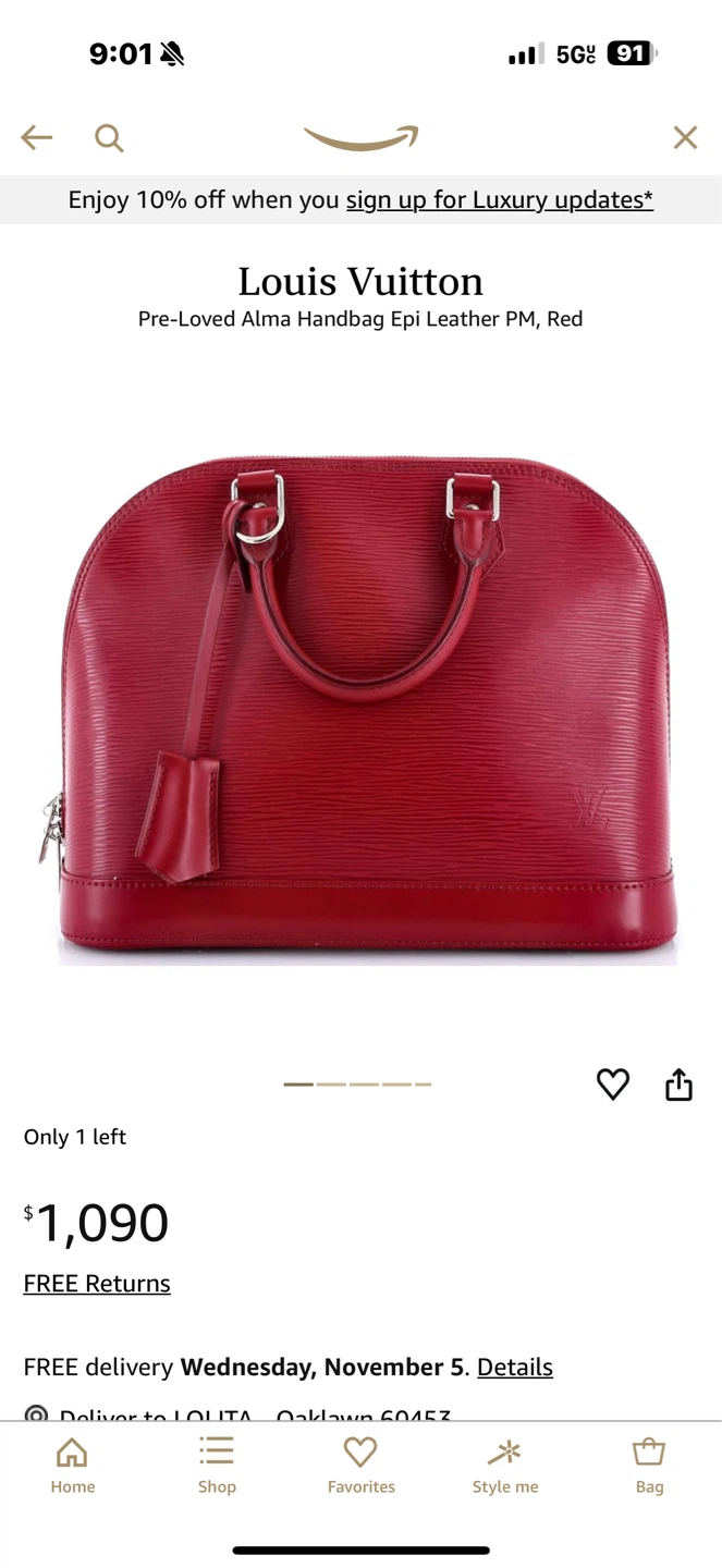 Louis Vuitton Alma Handbag Epi Leather PM Red