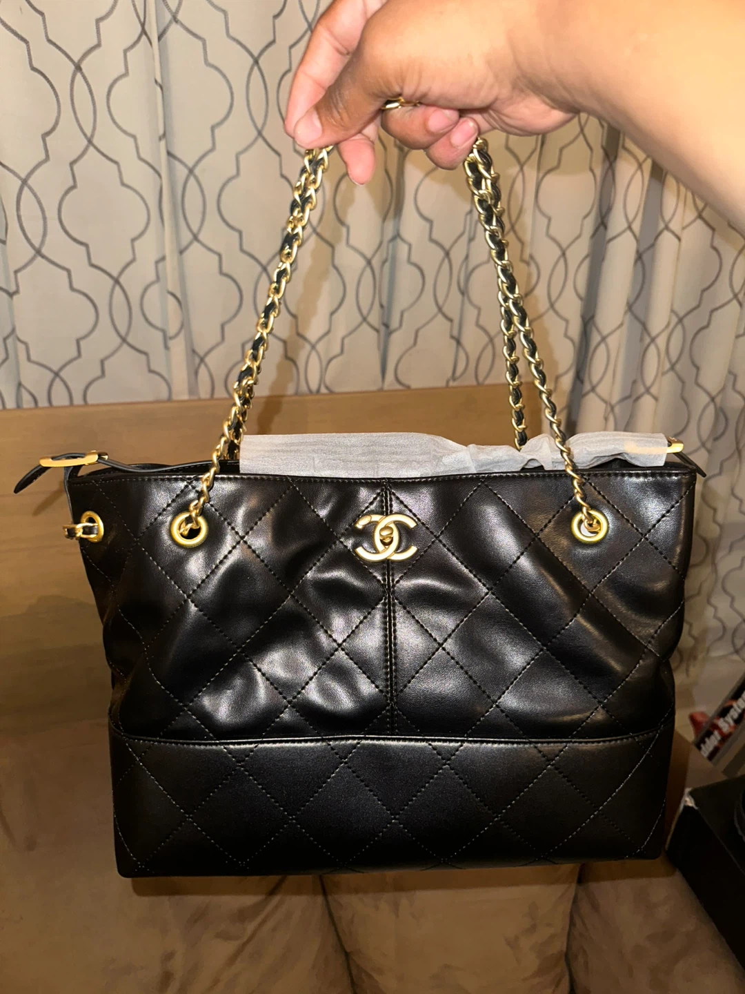 CHANEL Black Quilted Lambskin Leather Tote Bag