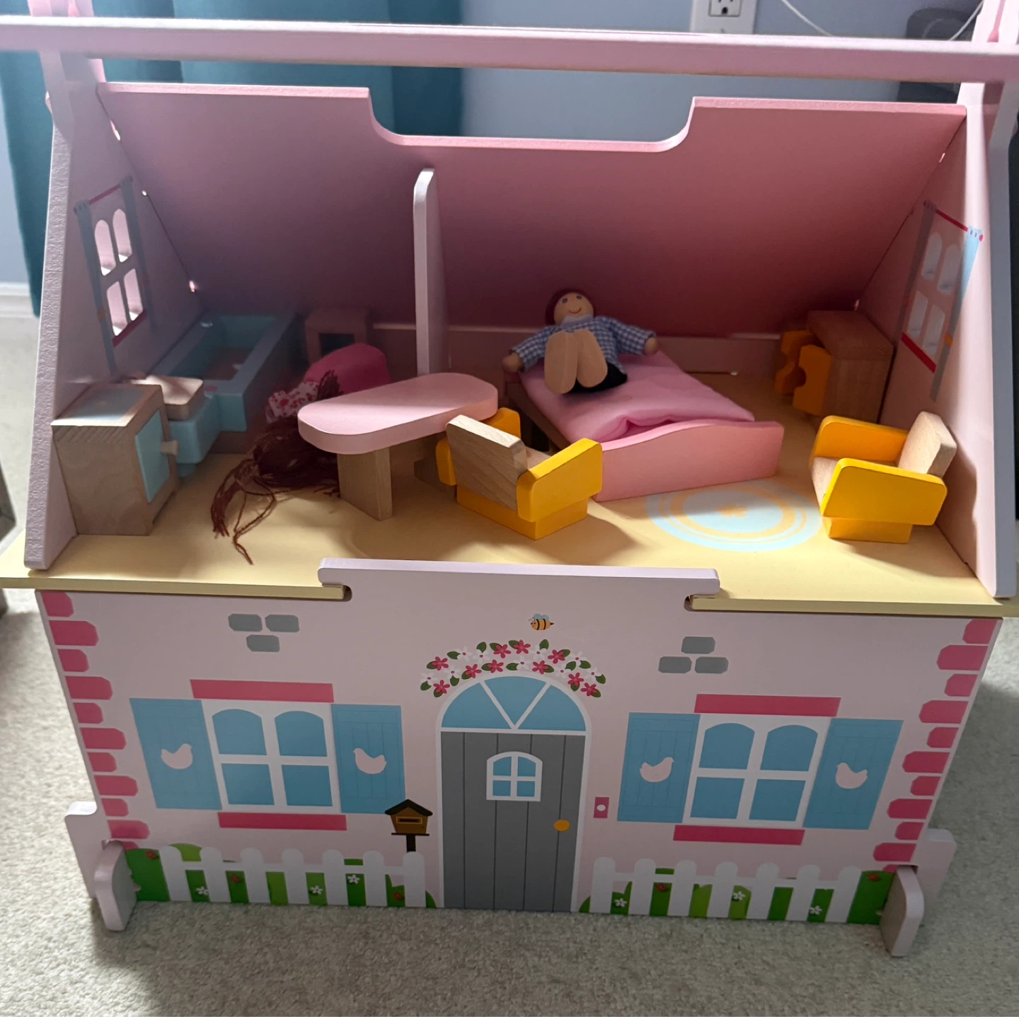 Pink Wooden Dollhouse with Furniture and Doll - photo 2