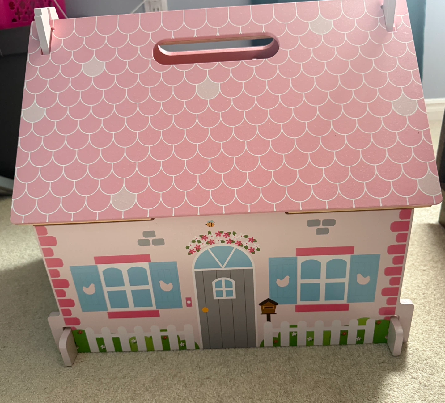 Pink Wooden Dollhouse with Furniture and Doll