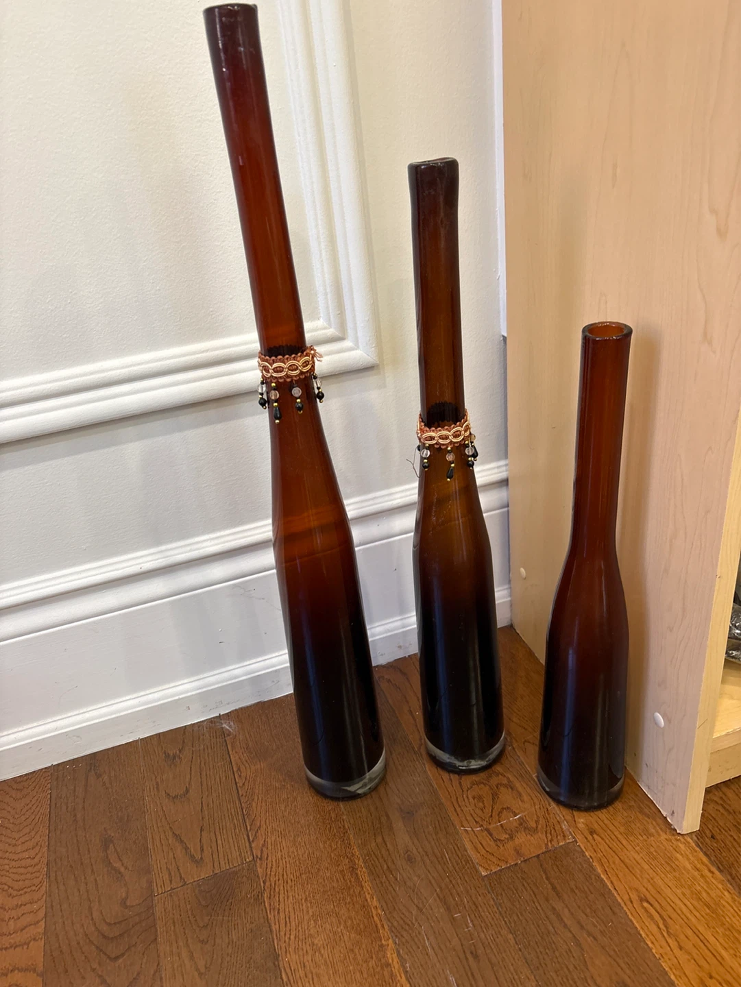 Set of 3 Amber Glass Vases with Decorative Beads