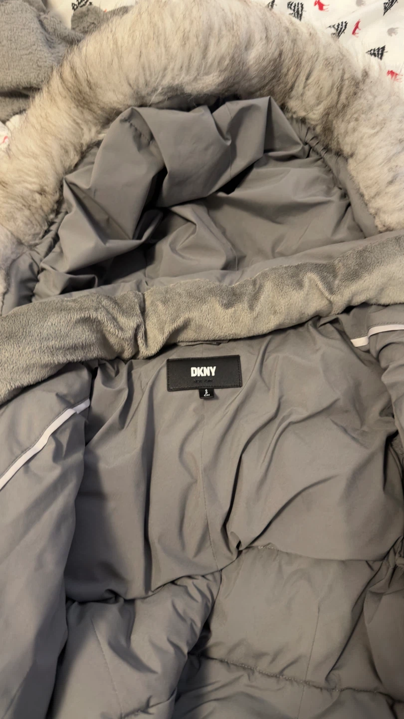 DKNY Grey Puffer Coat with Fur Hood - Size S