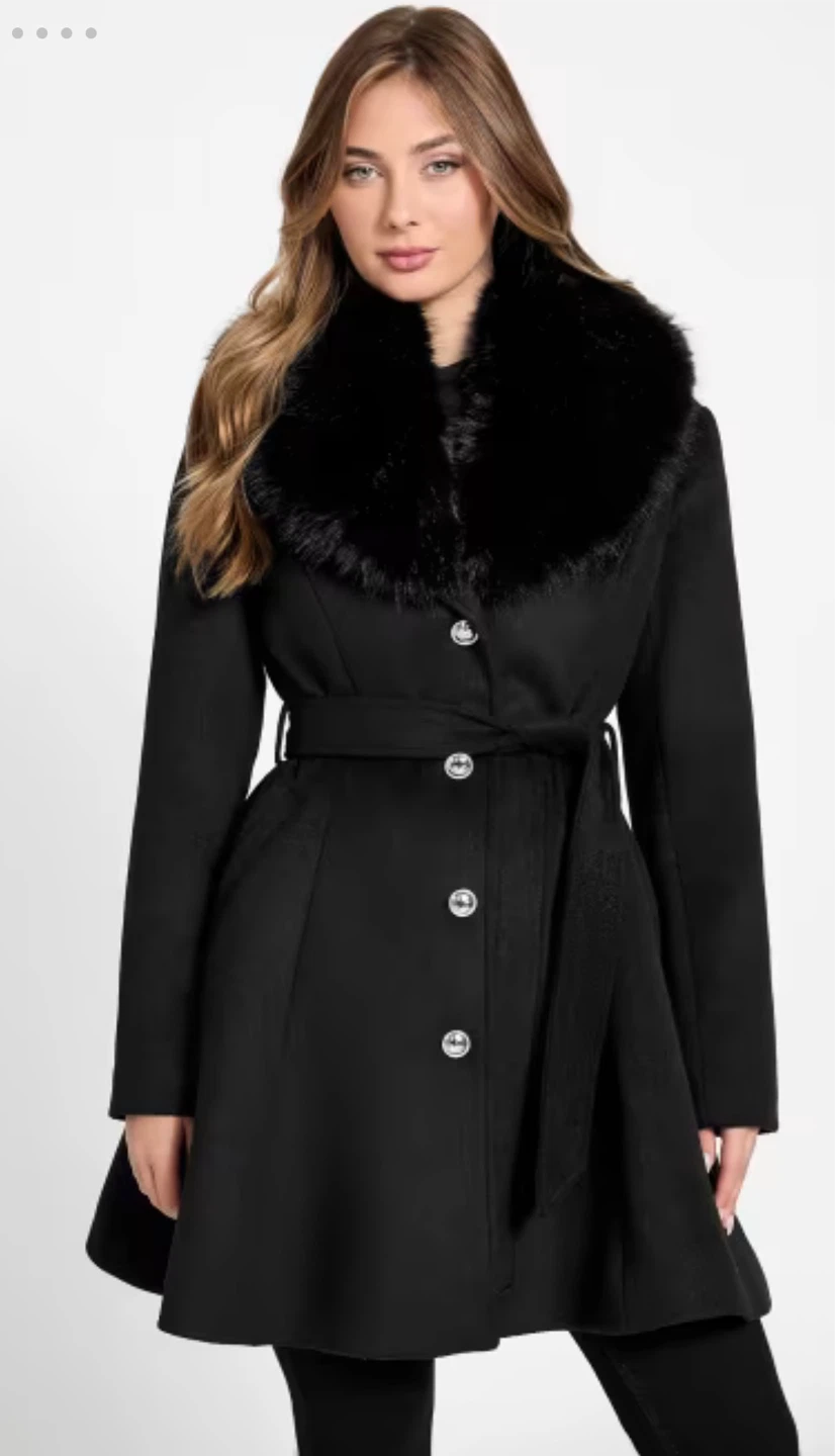 Black Faux Fur Trimmed Wool Coat