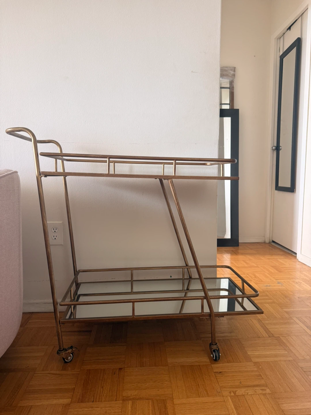 Brushed Gold Bar Cart with Mirrored Shelves