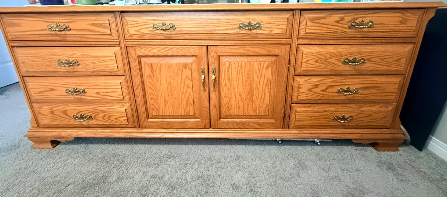 Solid Oak Dresser with 9 Drawers and 2 Cabinets