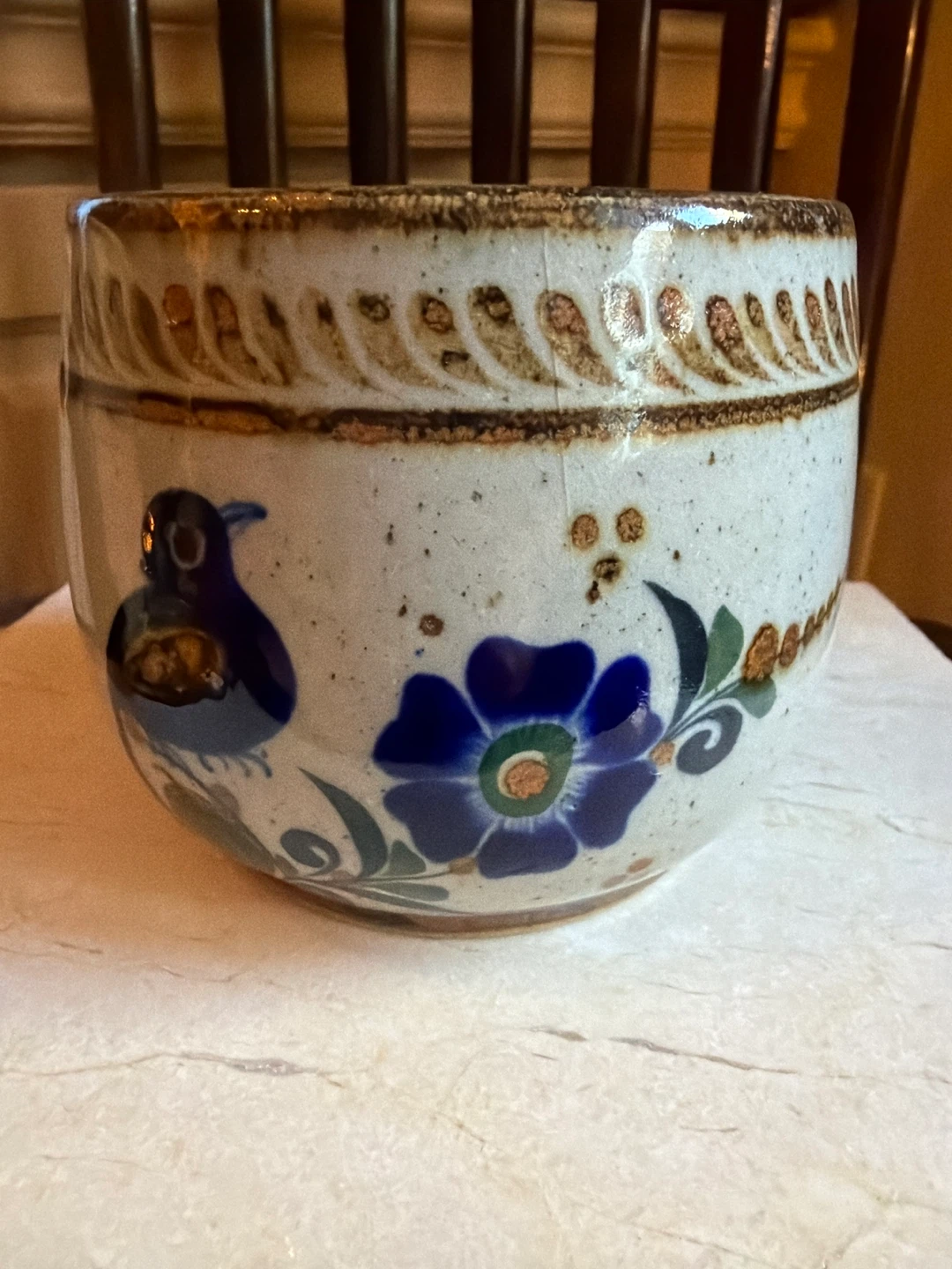 Hand-painted Ceramic Planter with Bird and Floral Design