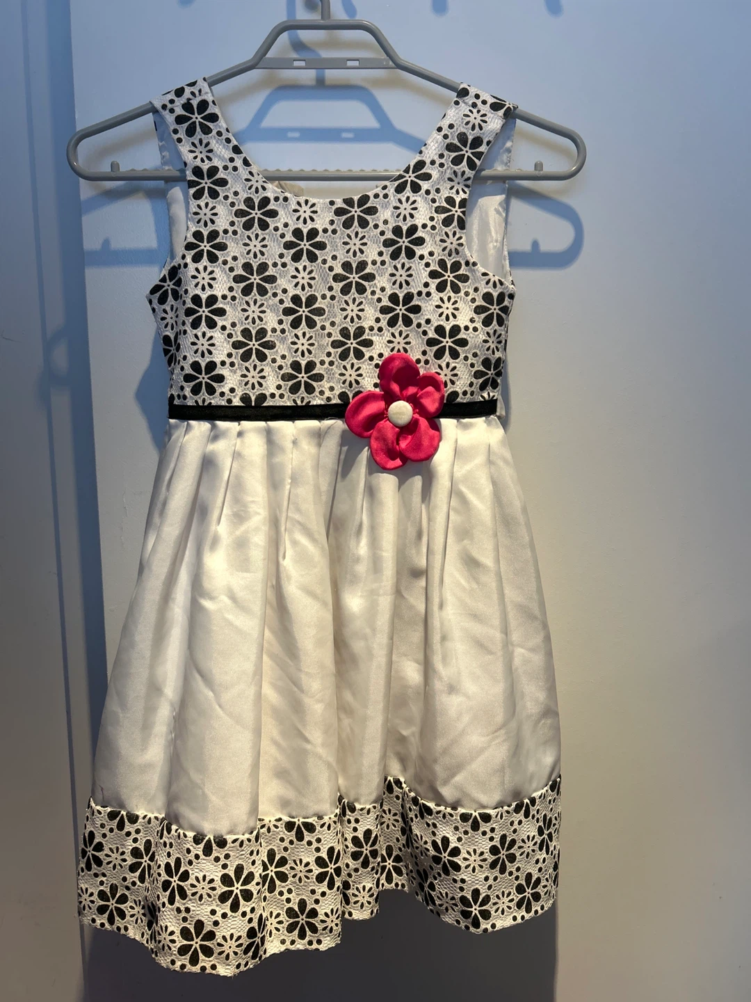 4-6T White and Black Floral Dress with Pink Flower Accent