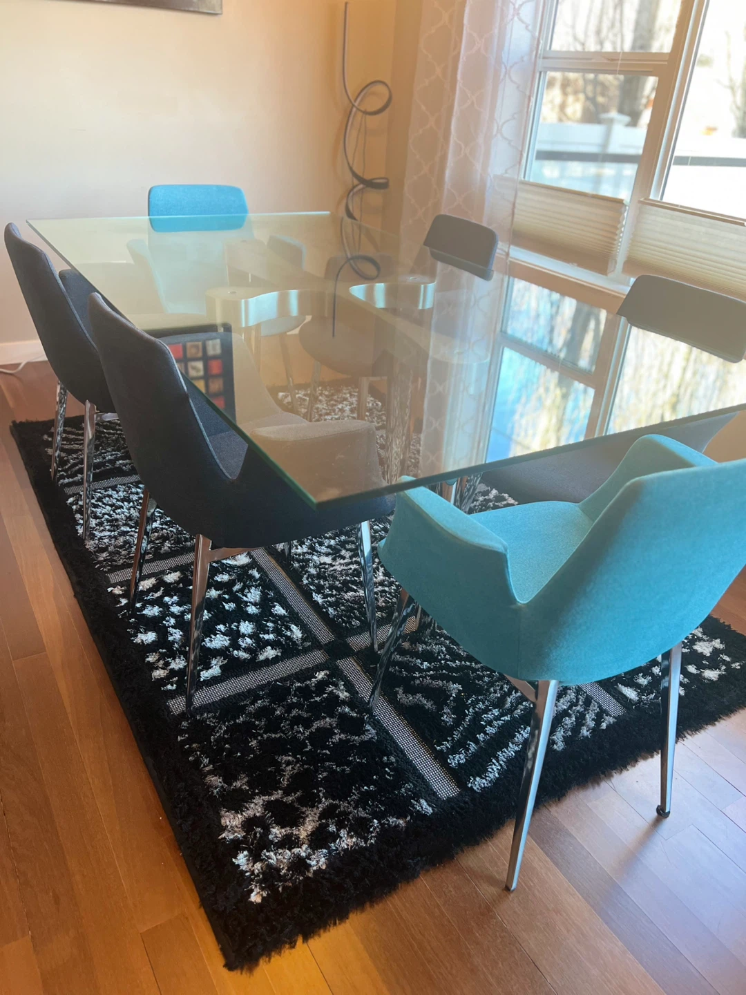 Glass Dining Table with Chrome Base and Chairs