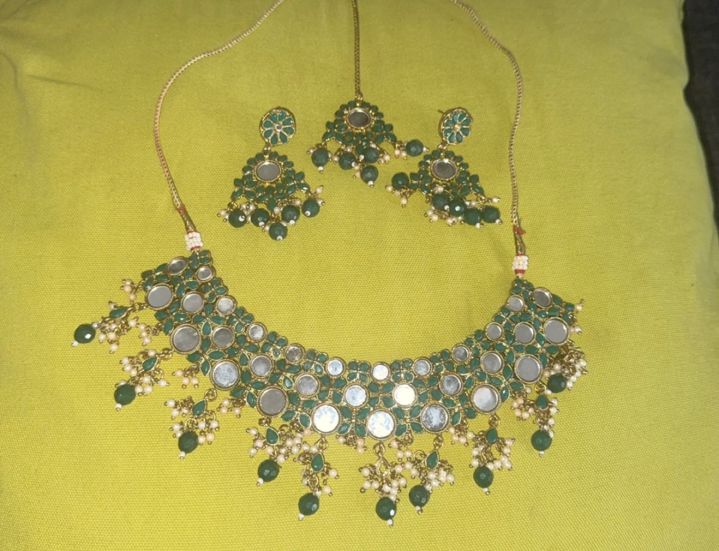 Green Mirror Necklace and Earrings Set with Tikka