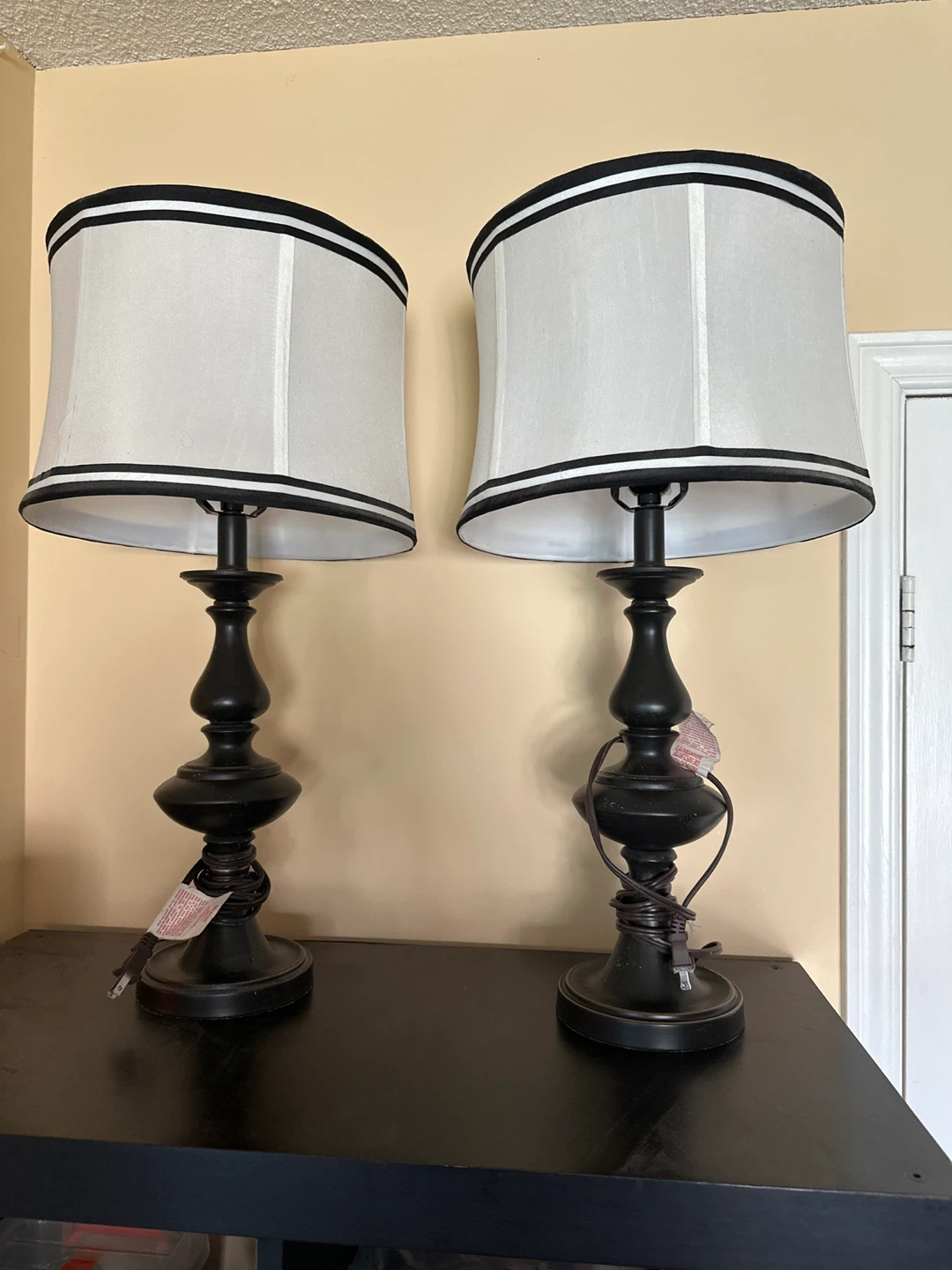 Pair of Black Table Lamps with White and Black Trim Shades