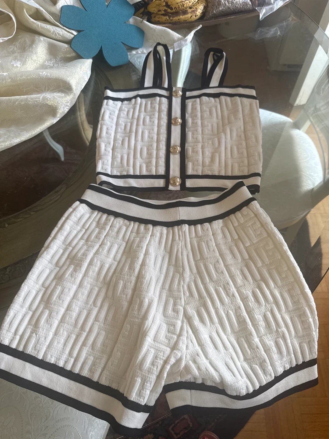 White Textured Crop Top and Shorts Set