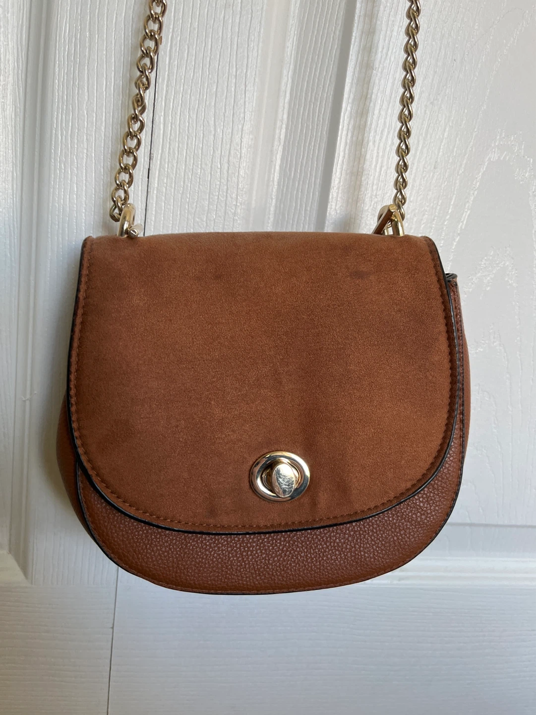 Brown Faux Suede and Leather Crossbody Bag