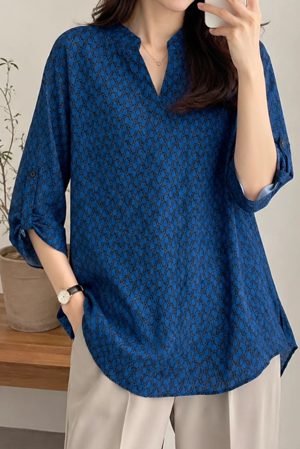 Blue Pattern Tunic Blouse – Relaxed Fit (Size XL)