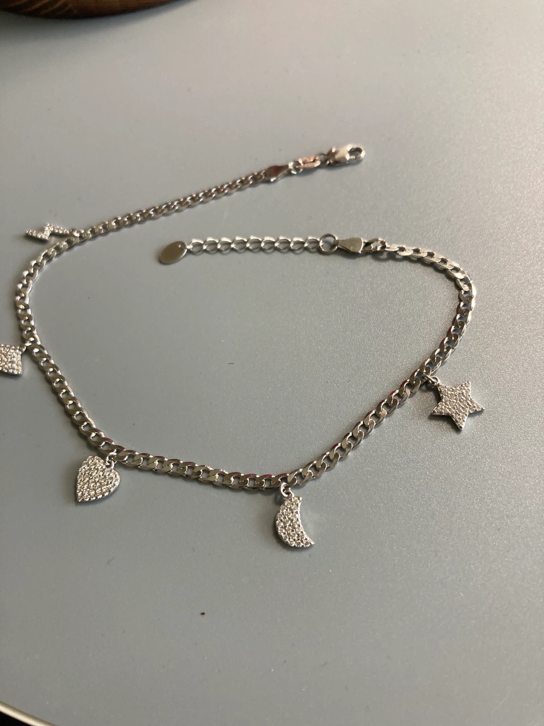 Sterling Silver Charm Anklet with Heart, Moon, and Star Pendants