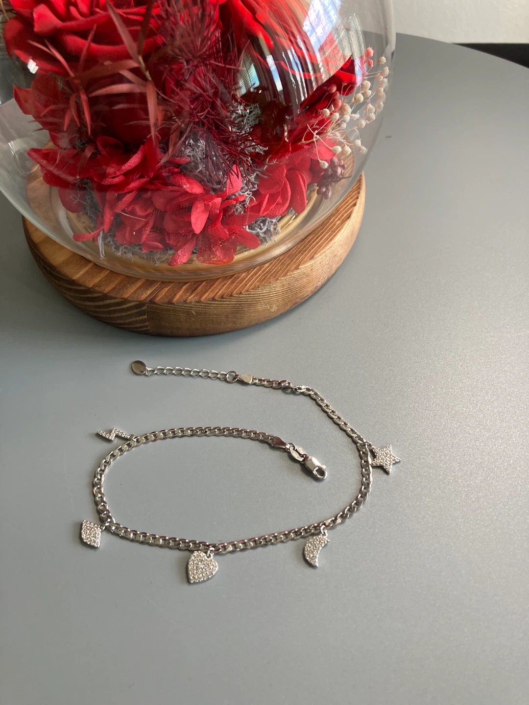 Sterling Silver Charm Anklet with Heart, Moon, and Star Pendants - photo 2