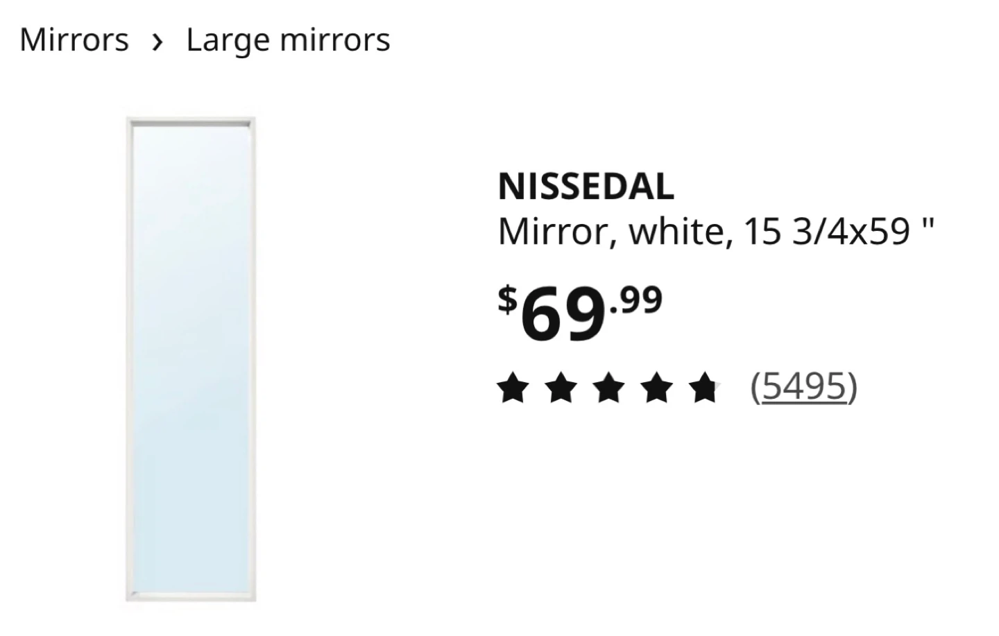 IKEA NISSEDAL Mirror, White, 15 3/4x59" - photo 4