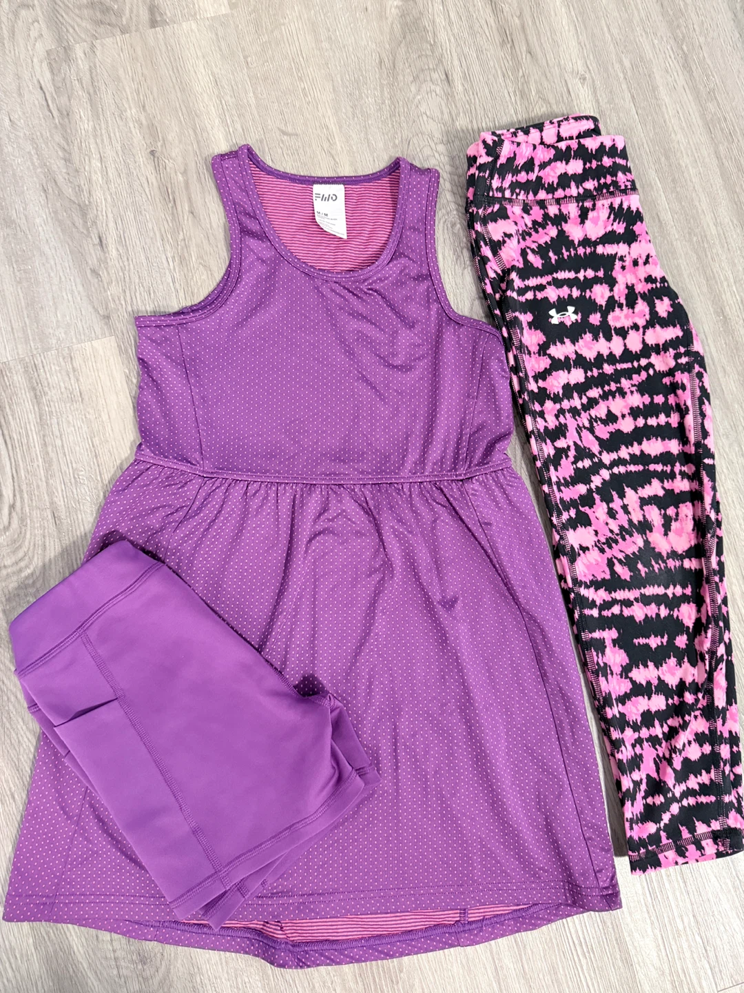 Girls Athletics Purple Dot Dress & Under Armour Leggings Set M