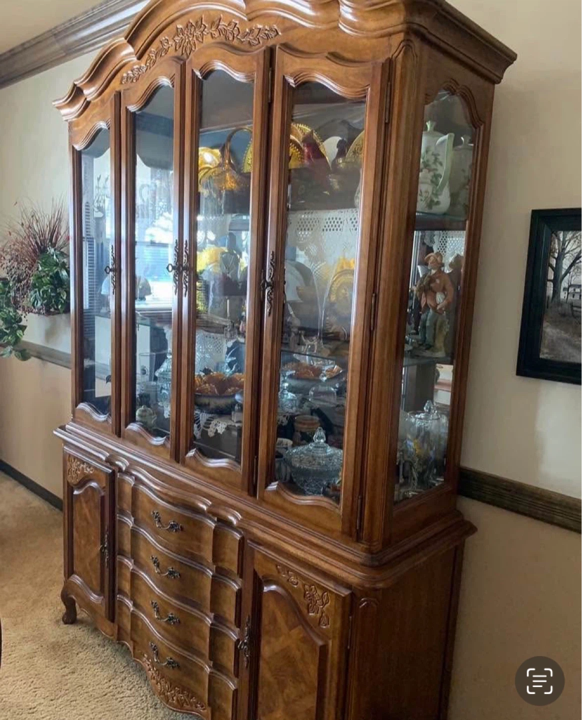 Vintage Wooden China Cabinet with Glass Doors