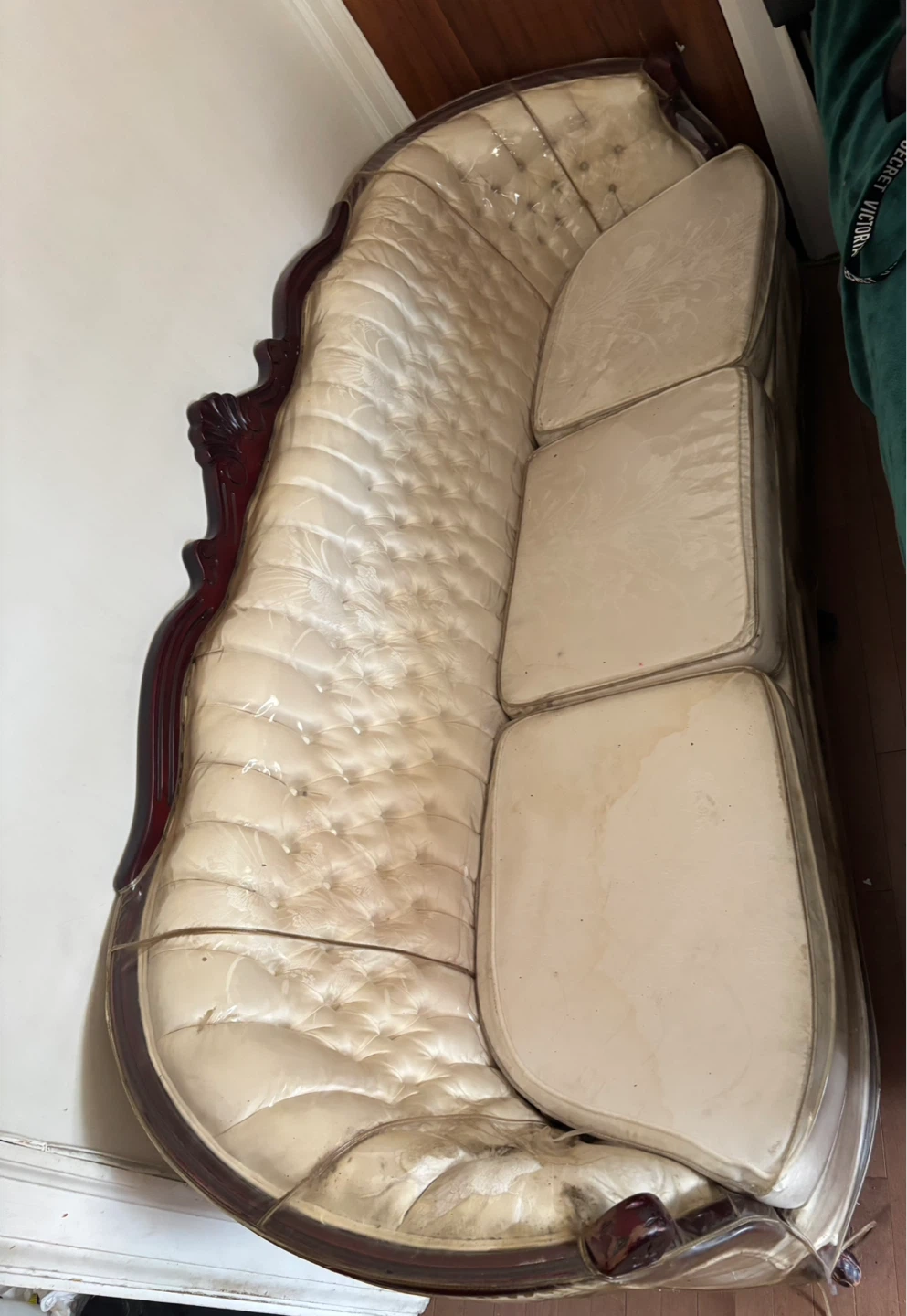 Antique Cream Sofa with Carved Wood Frame - photo 2