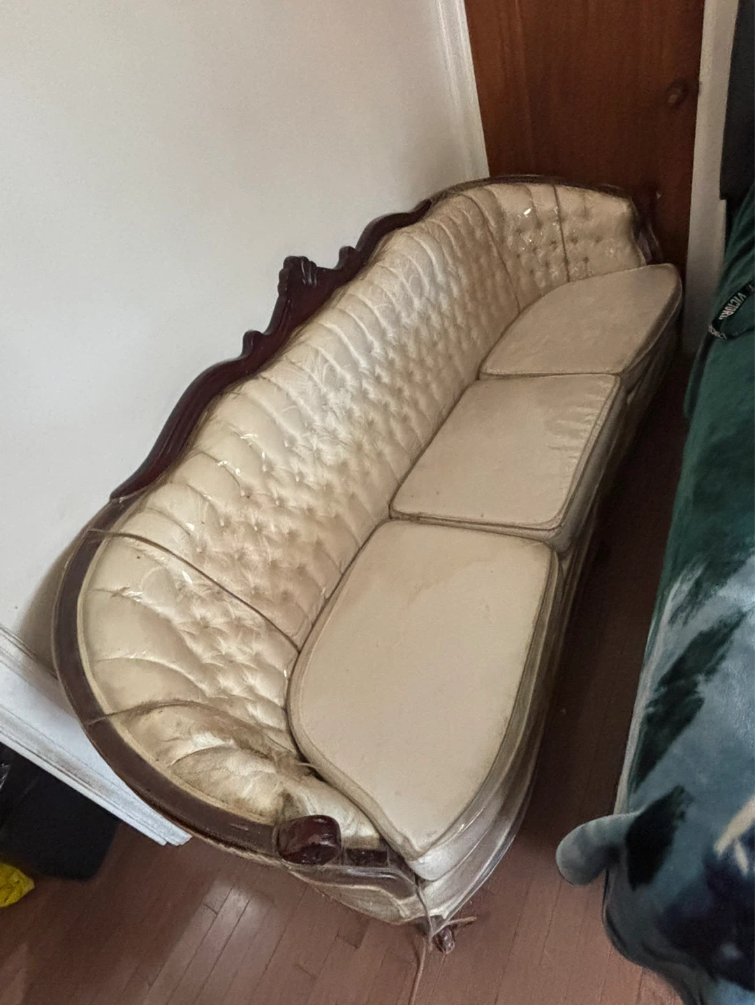Antique Cream Sofa with Carved Wood Frame