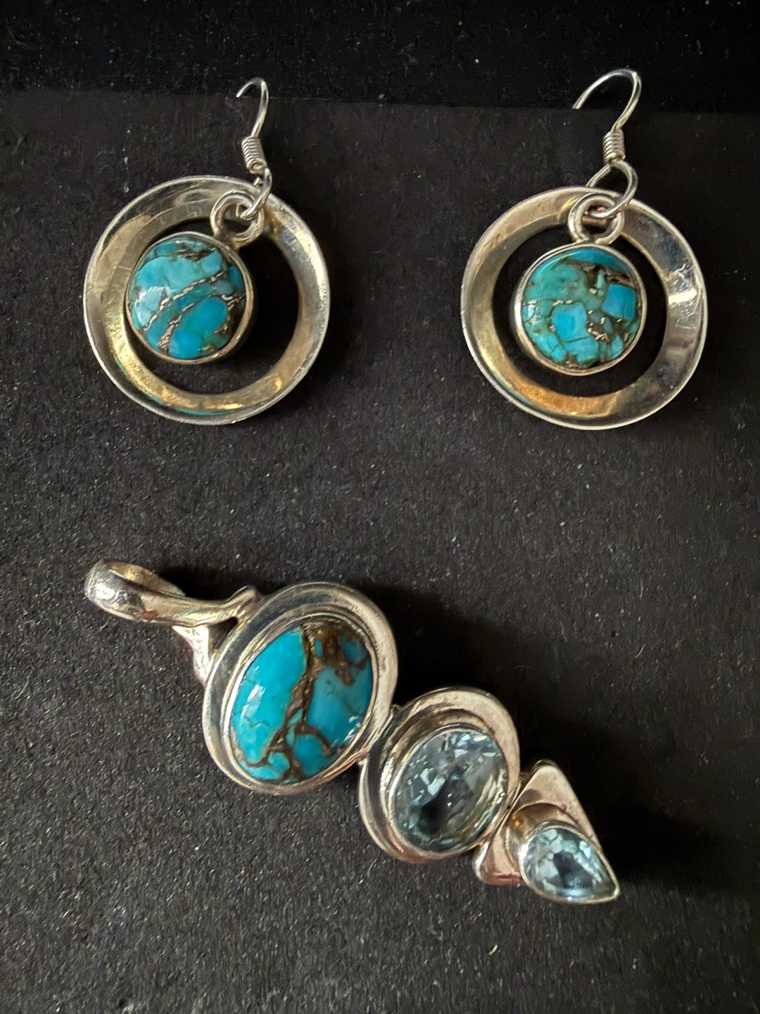 Sterling Silver Turquoise & Blue Topaz Pendant & Earrings Set