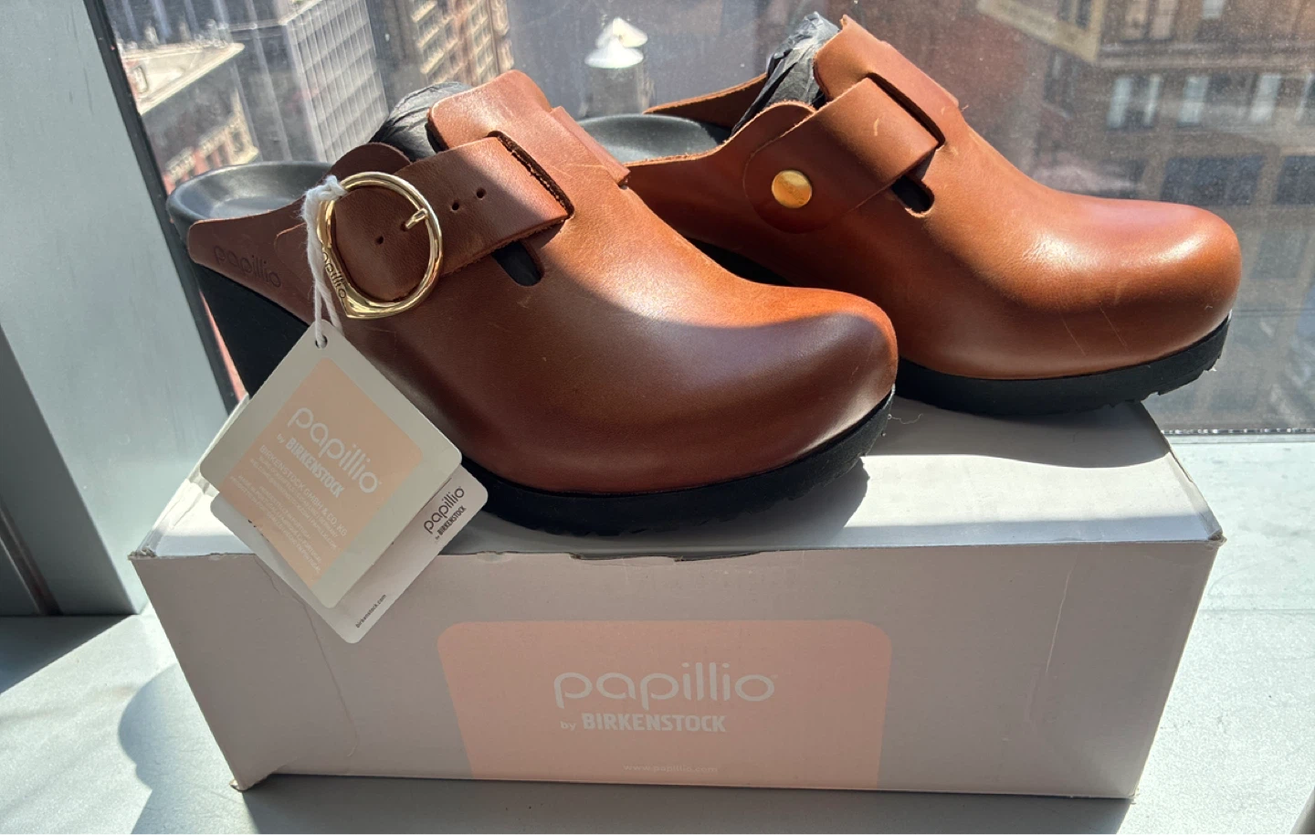 NEW Papillio by Birkenstock Women Buckle Clogs Brown Leather