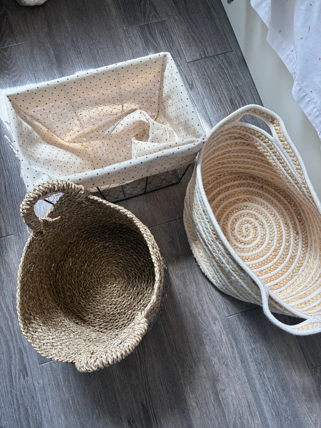 Woven Baskets and Wire Storage Bin