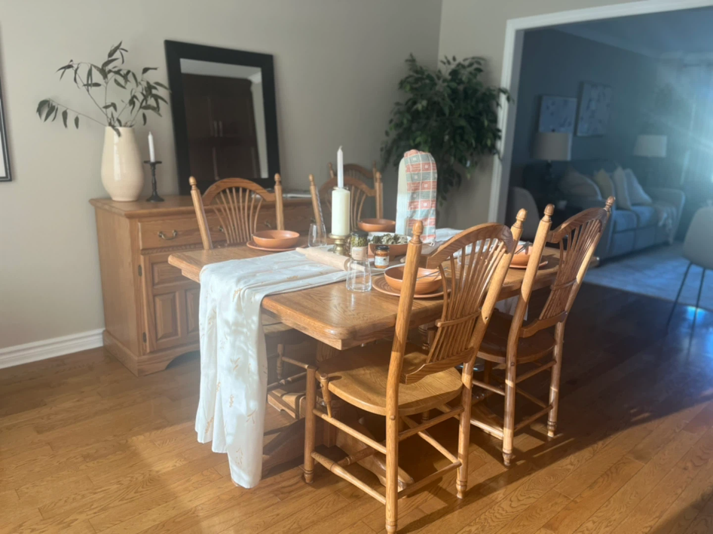 Solid Oak Dining Table with Chairs and Hutch