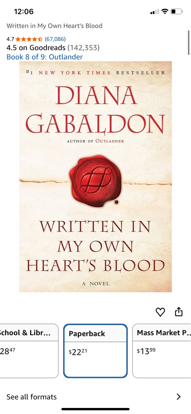 Written in My Own Heart's Blood by Diana Gabaldon Paperback Book