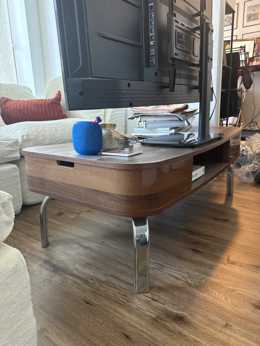 Mid-Century Modern Walnut Coffee Table with Chrome Legs - photo 2