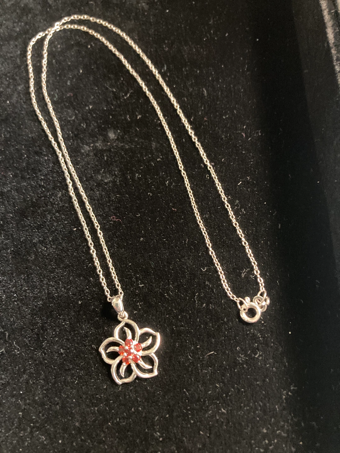 Sterling Silver Flower Pendant Necklace with Red Stones