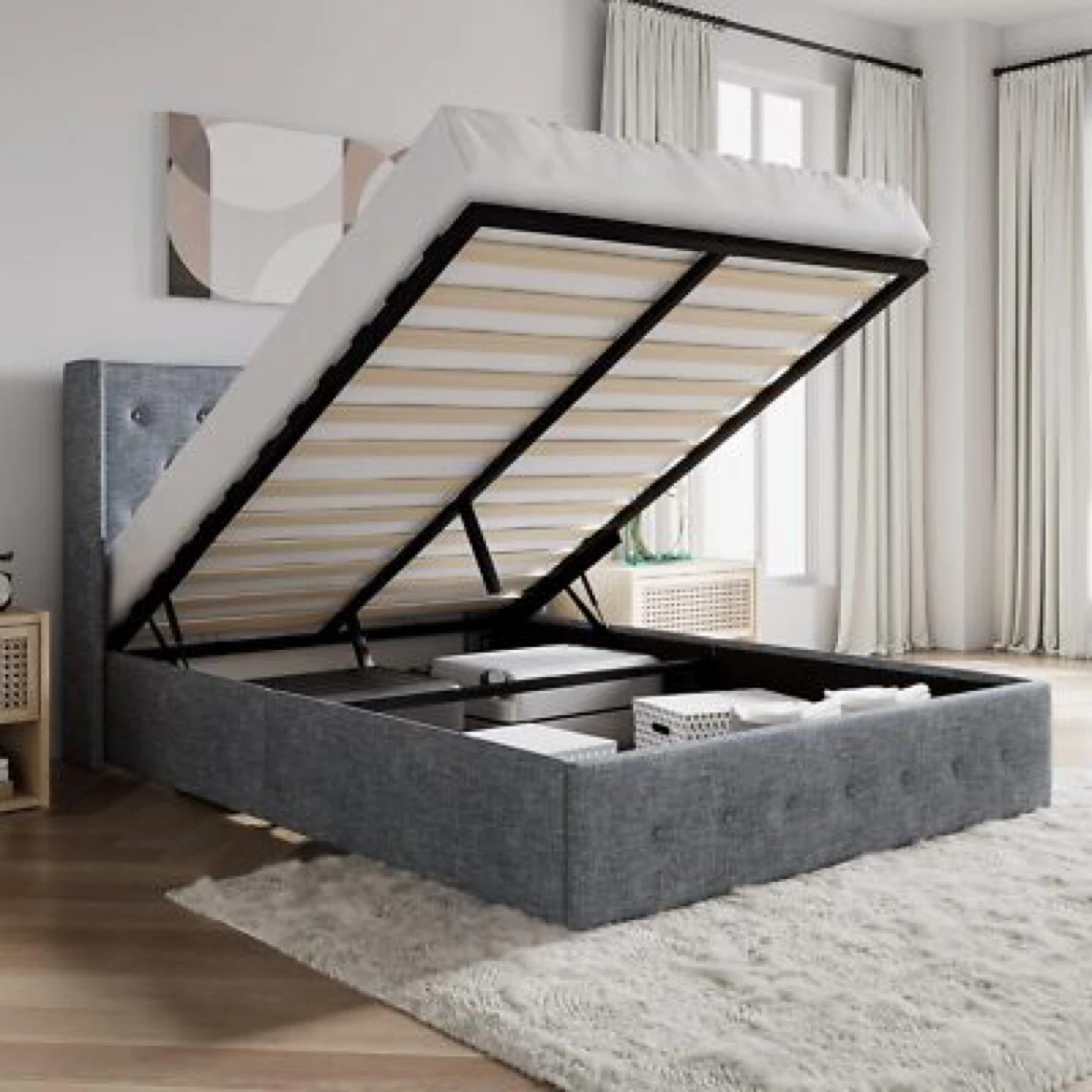 Diamond Tufted Wingback Hydraulic Storage Bed