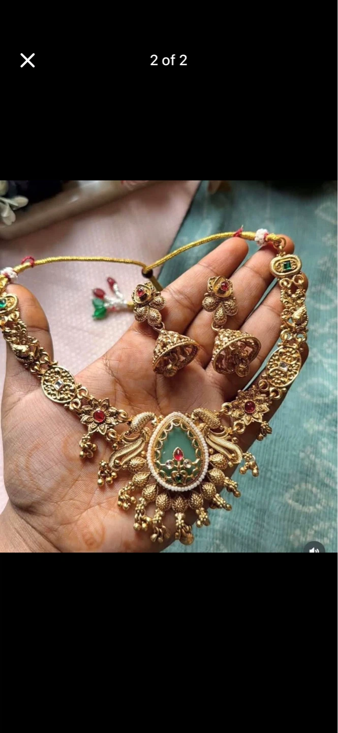 Gold Tone Necklace and Earring Set with Green Stone