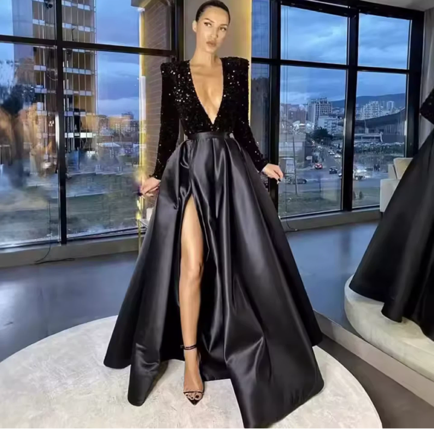 Black Sequin V-Neck Long Sleeve Maxi Dress