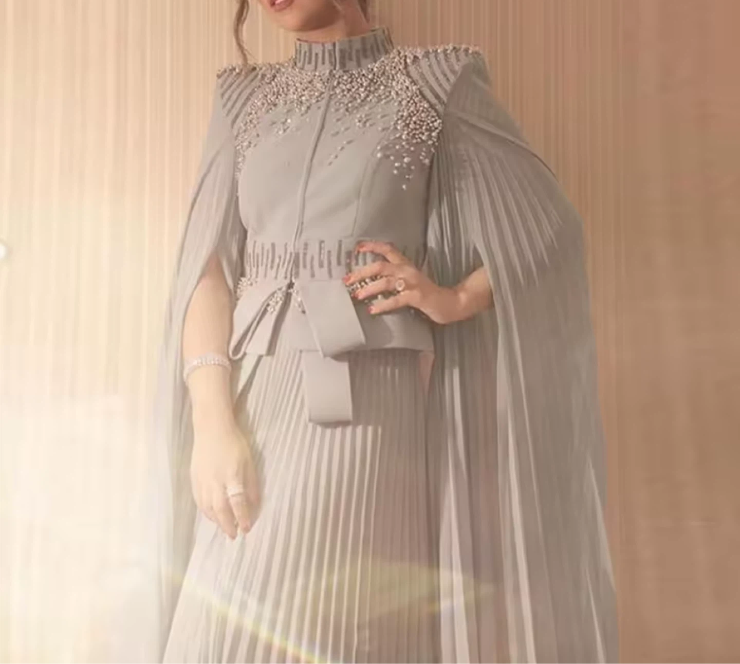 Premworld Grey Beaded Cape Pleated Dress