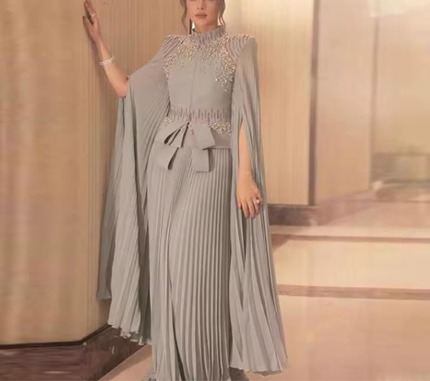 Premworld Grey Beaded Cape Pleated Dress - photo 2