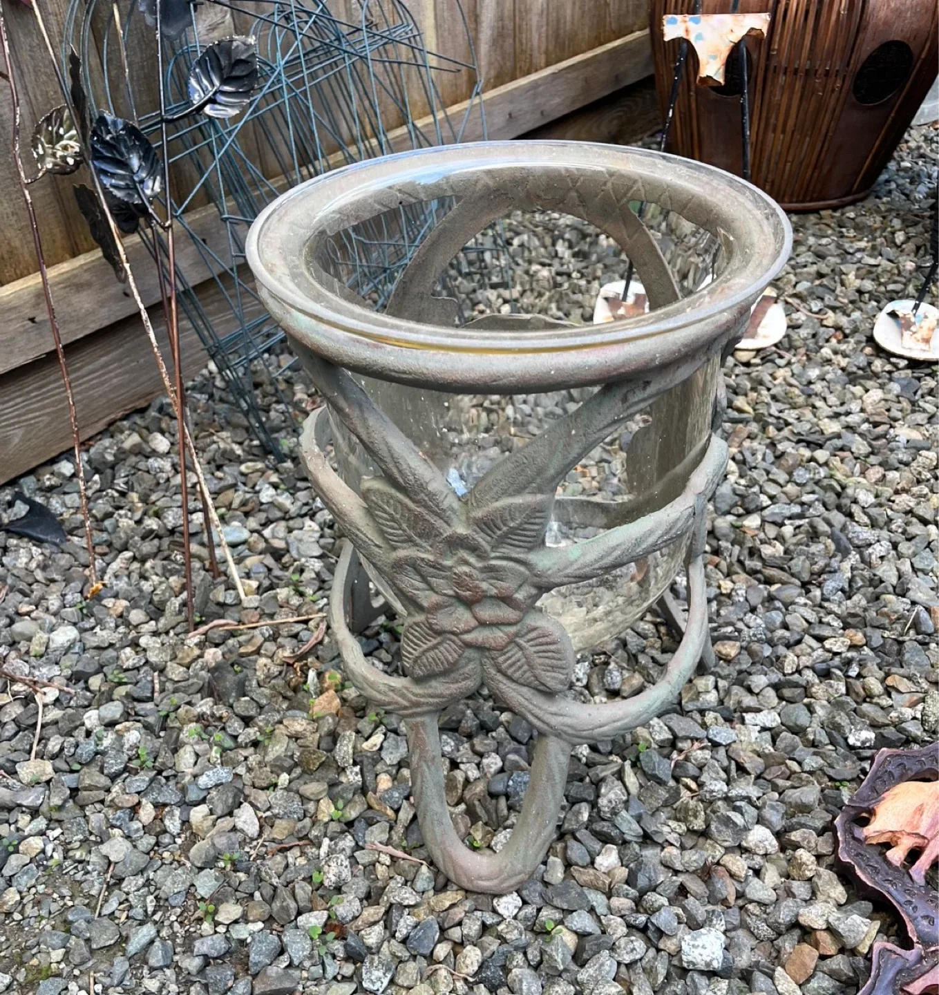 Ornate cast iron and Glass plant Holder