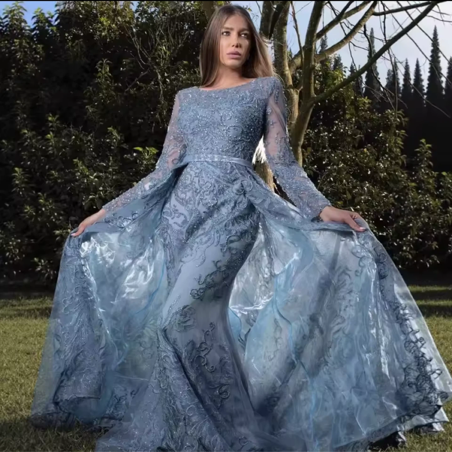 Elegant Blue Beaded Long Sleeve Evening Gown