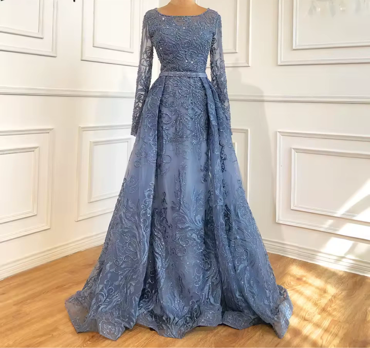 Elegant Blue Beaded Long Sleeve Evening Gown - photo 2