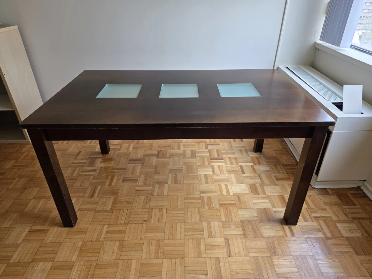 Dark Brown Dining Table with Frosted Glass Inserts