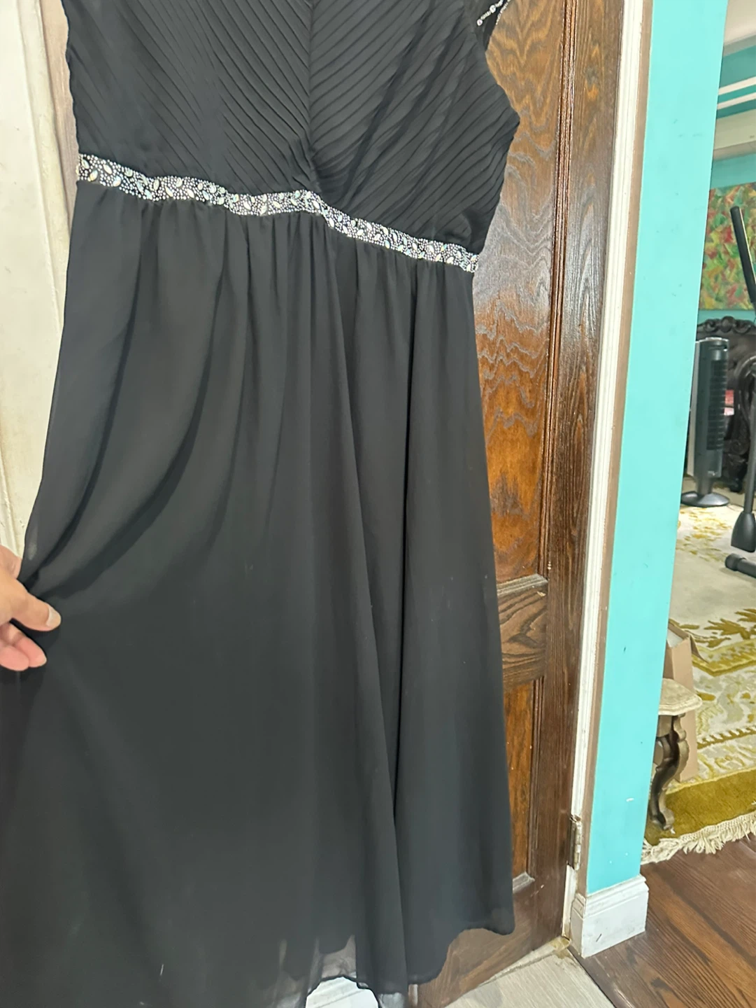 Elegant Black V-Neck Maxi Dress with Beaded Waist Size 3XL - photo 3