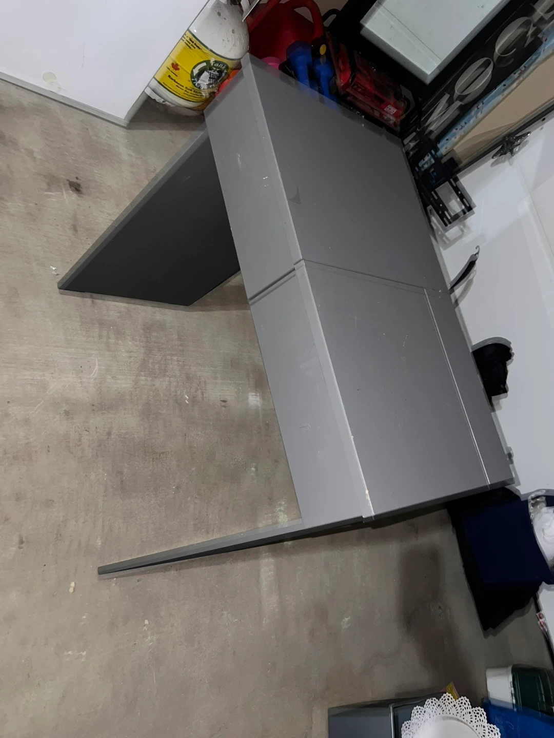 Grey Vanity Desk with Mirror and Red Lined Drawers
