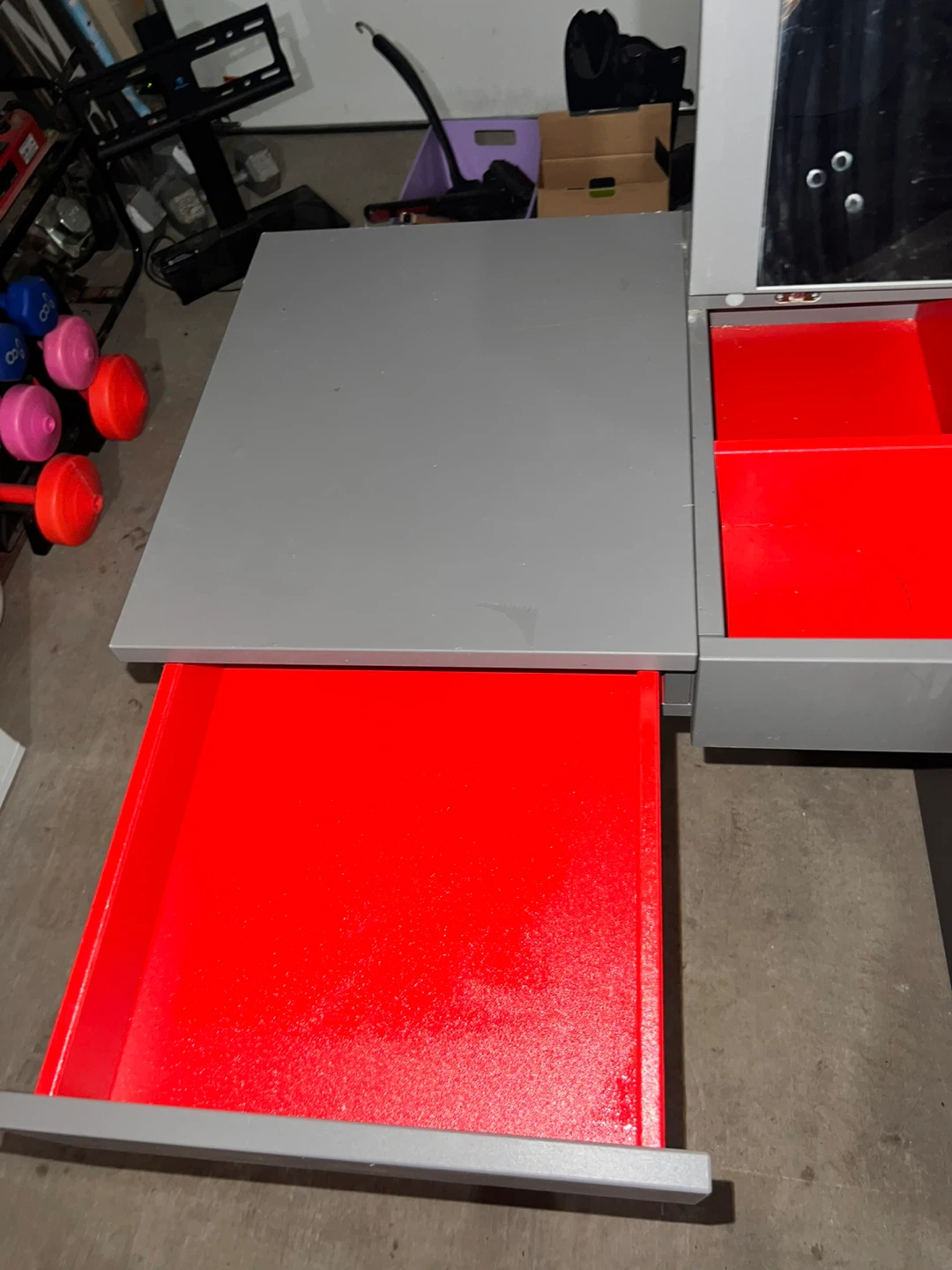 Grey Vanity Desk with Mirror and Red Lined Drawers - photo 4