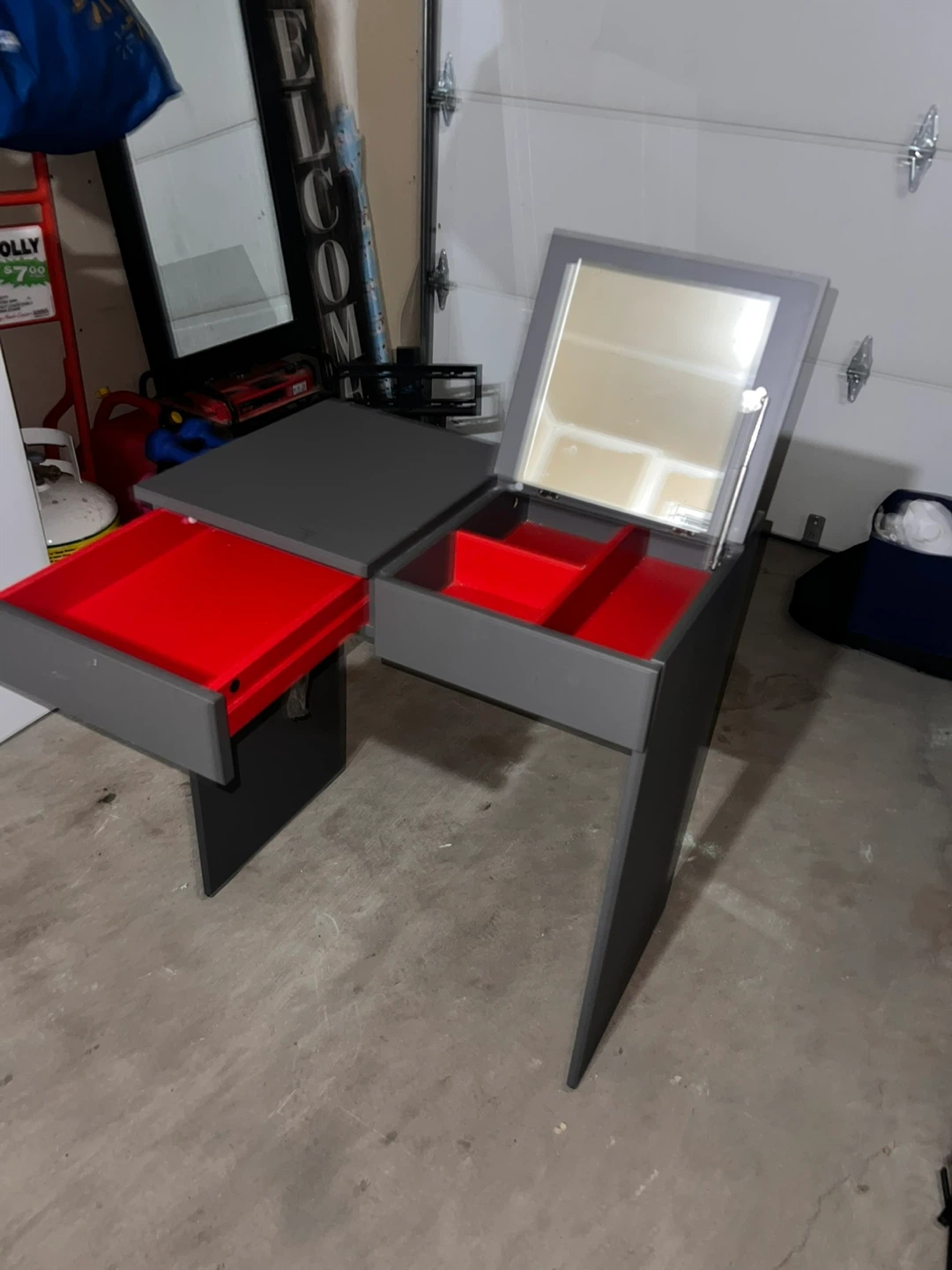 Grey Vanity Desk with Mirror and Red Lined Drawers - photo 3