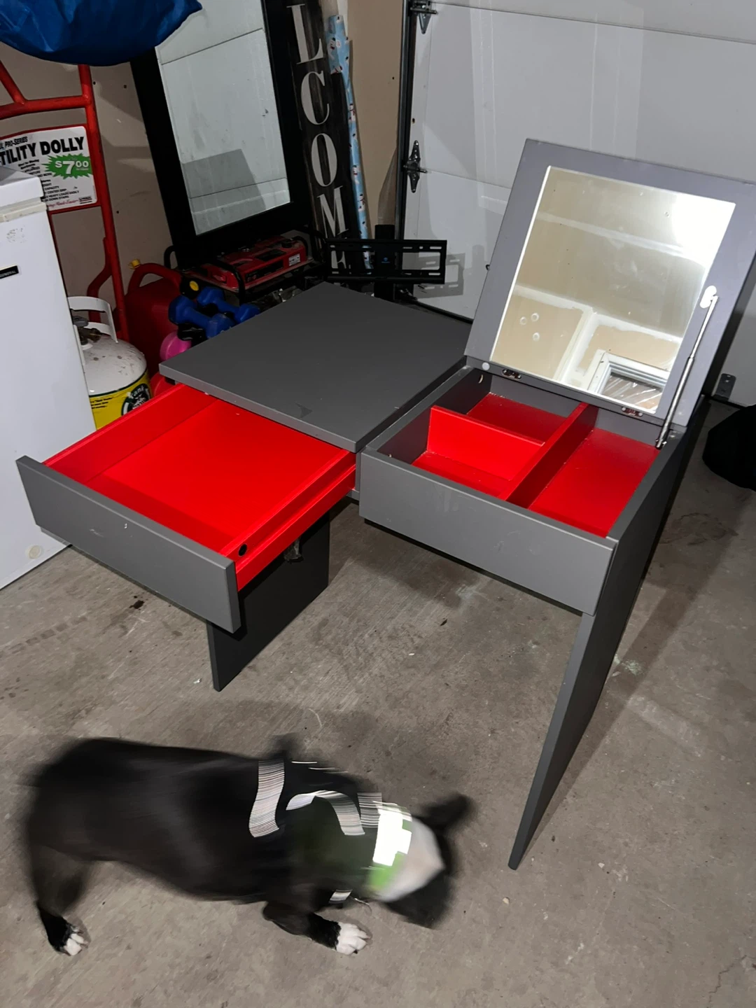Grey Vanity Desk with Mirror and Red Lined Drawers - photo 2