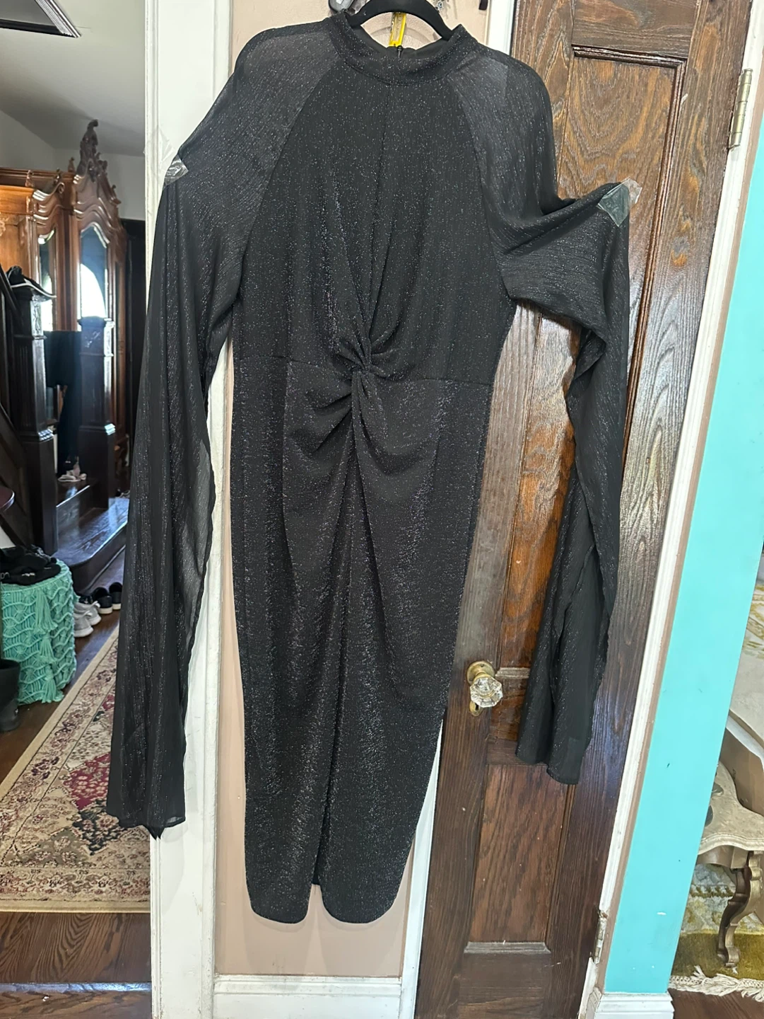 Black Sparkly Long Sleeve Twisted Dress