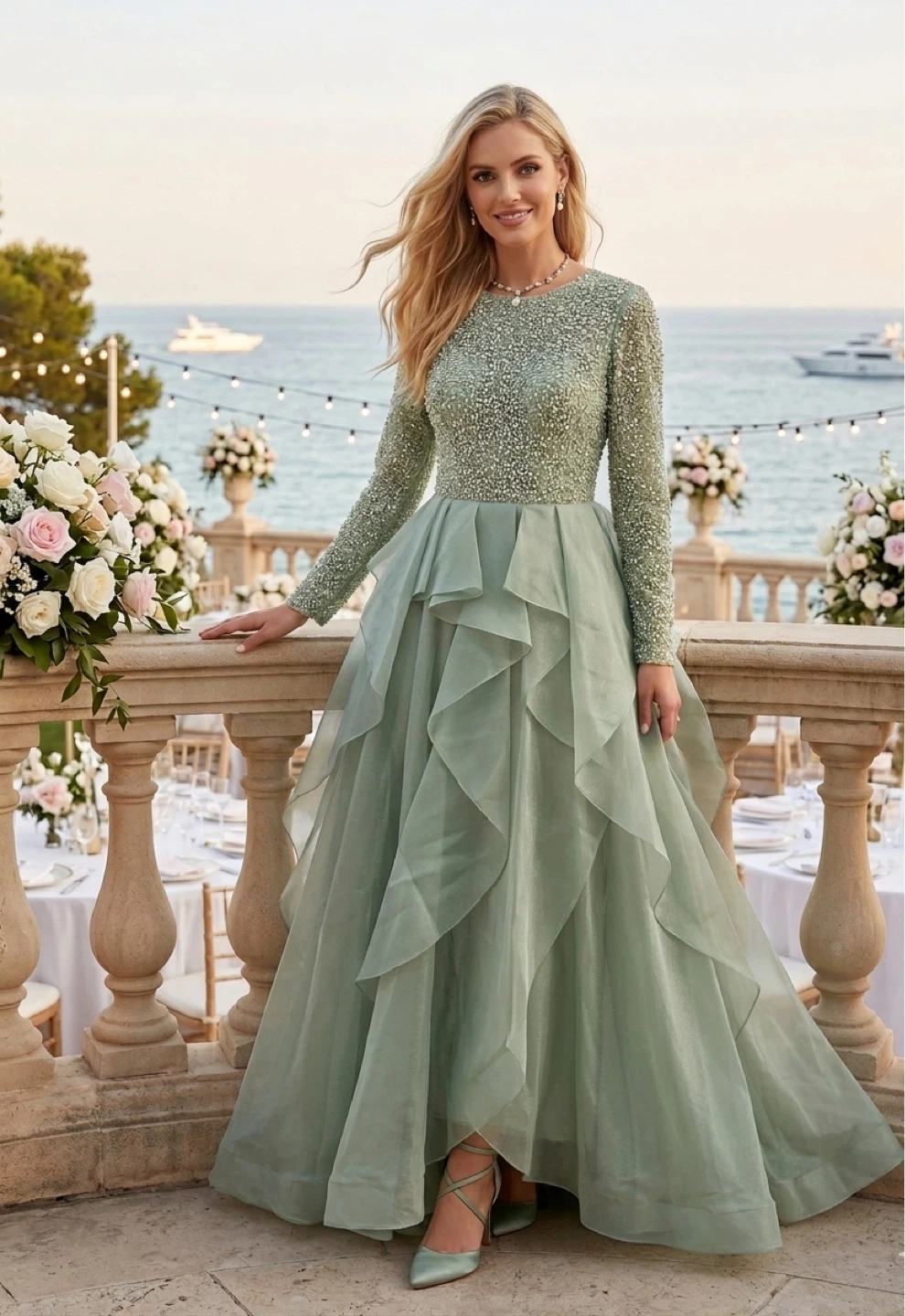 Sage Green Beaded Long Sleeve Formal Gown