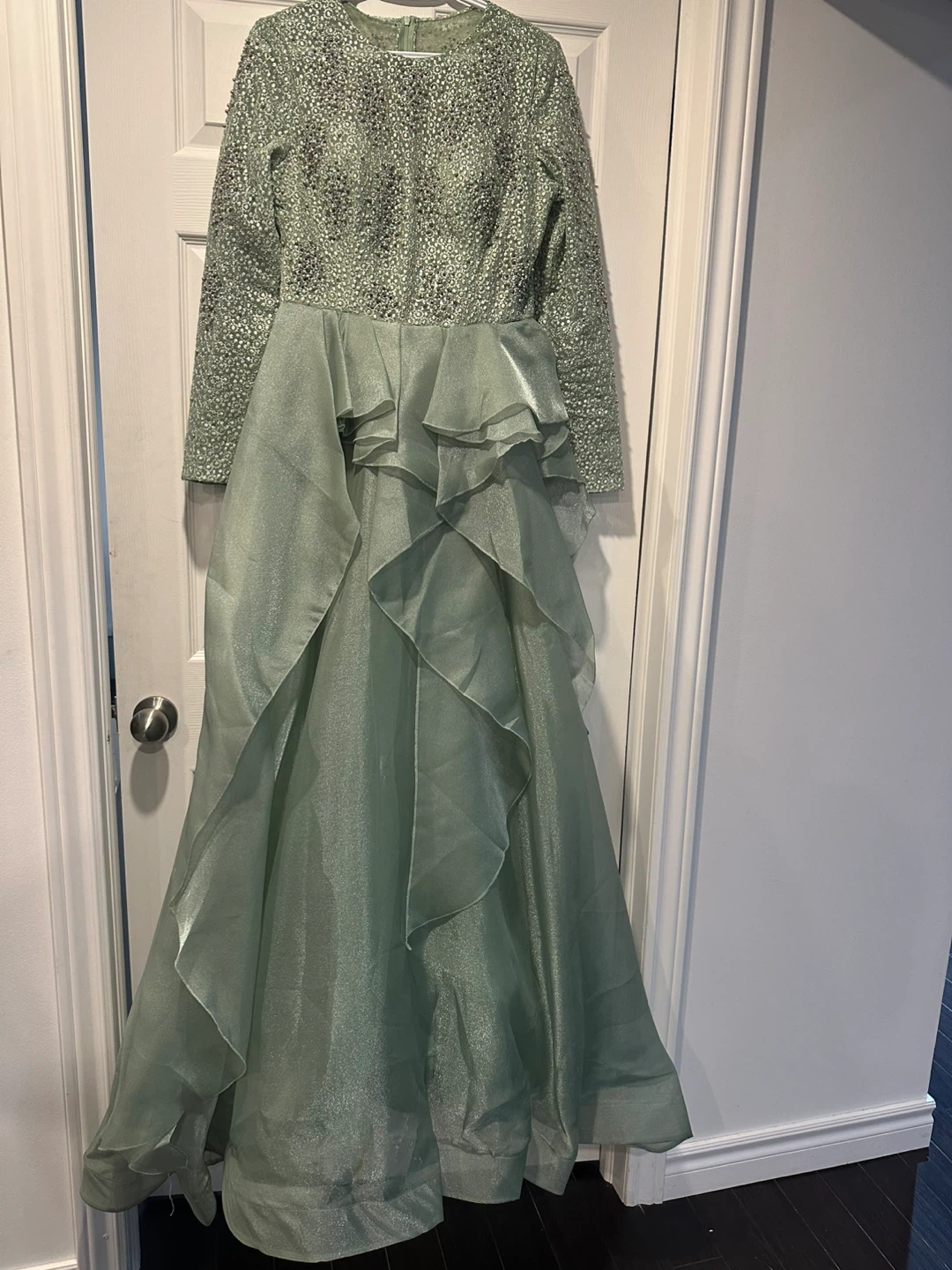 Sage Green Beaded Long Sleeve Formal Gown - photo 2