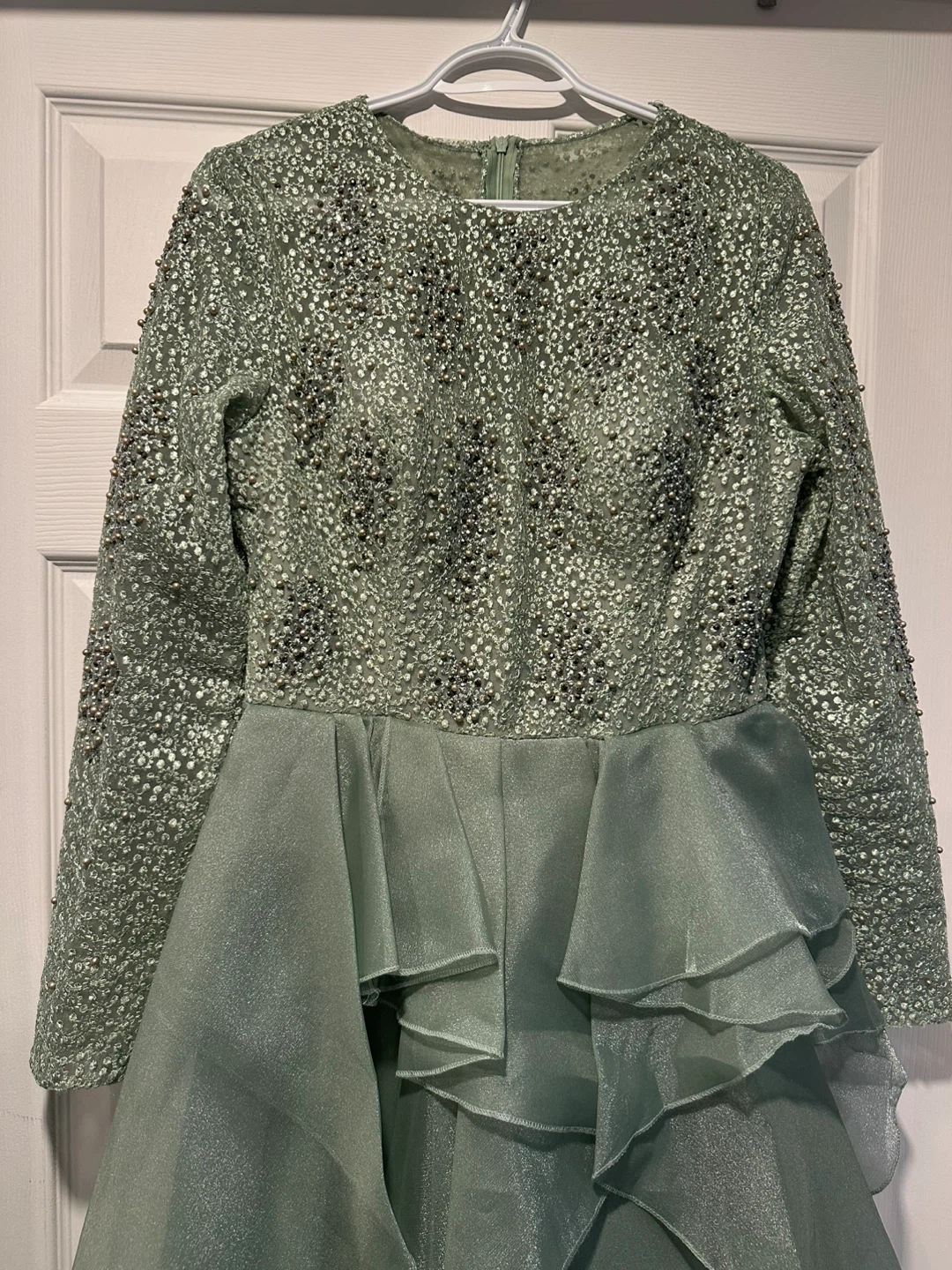 Sage Green Beaded Long Sleeve Formal Gown - photo 3