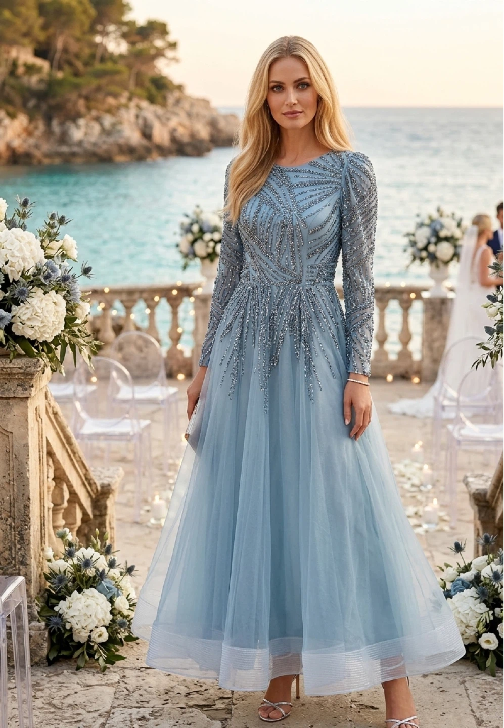 BEAU COUPE Blue Beaded Gown